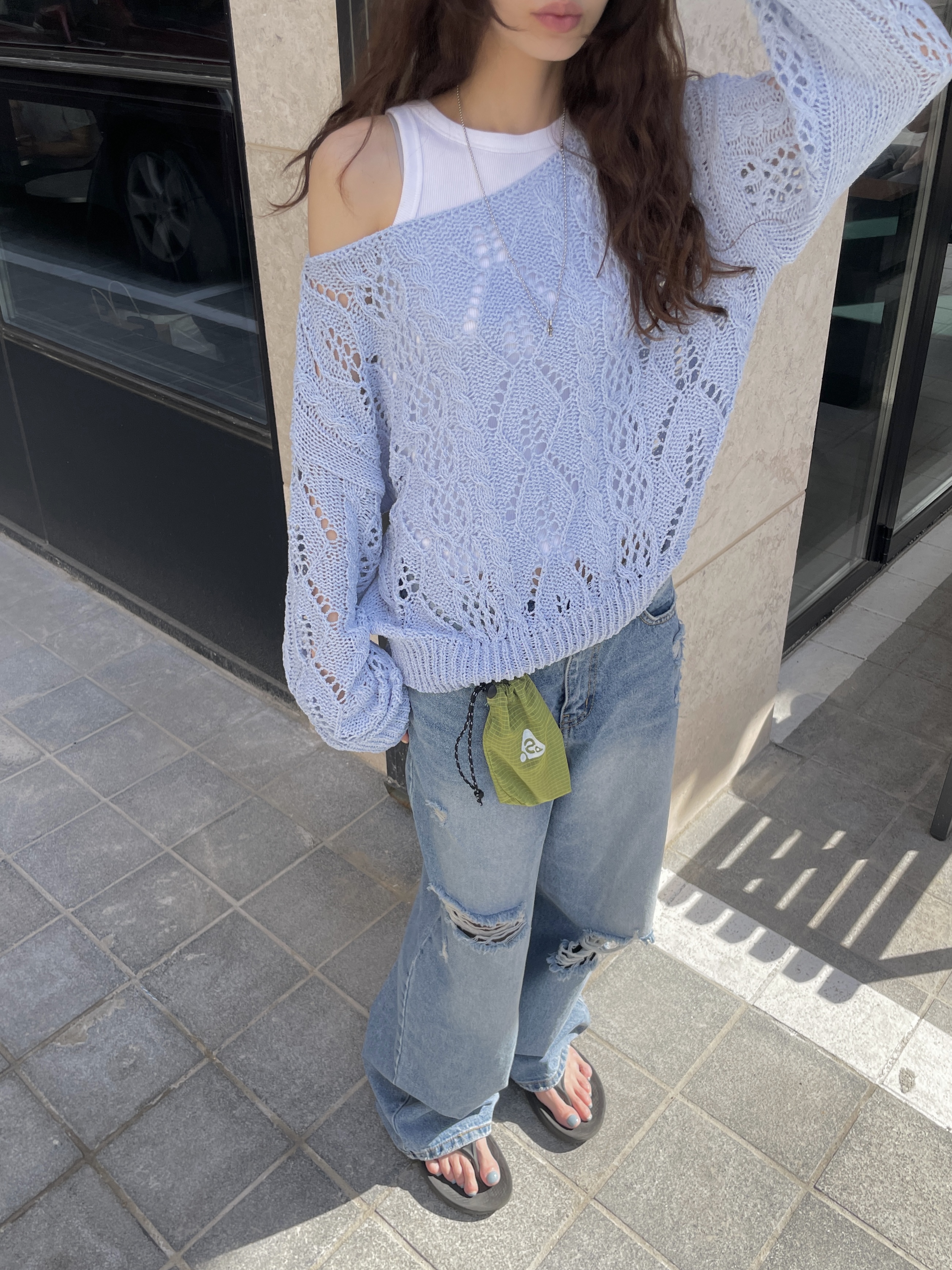 アクリルボートネックルーズ長袖ドロップショルダークロシェニット | 詳細画像7