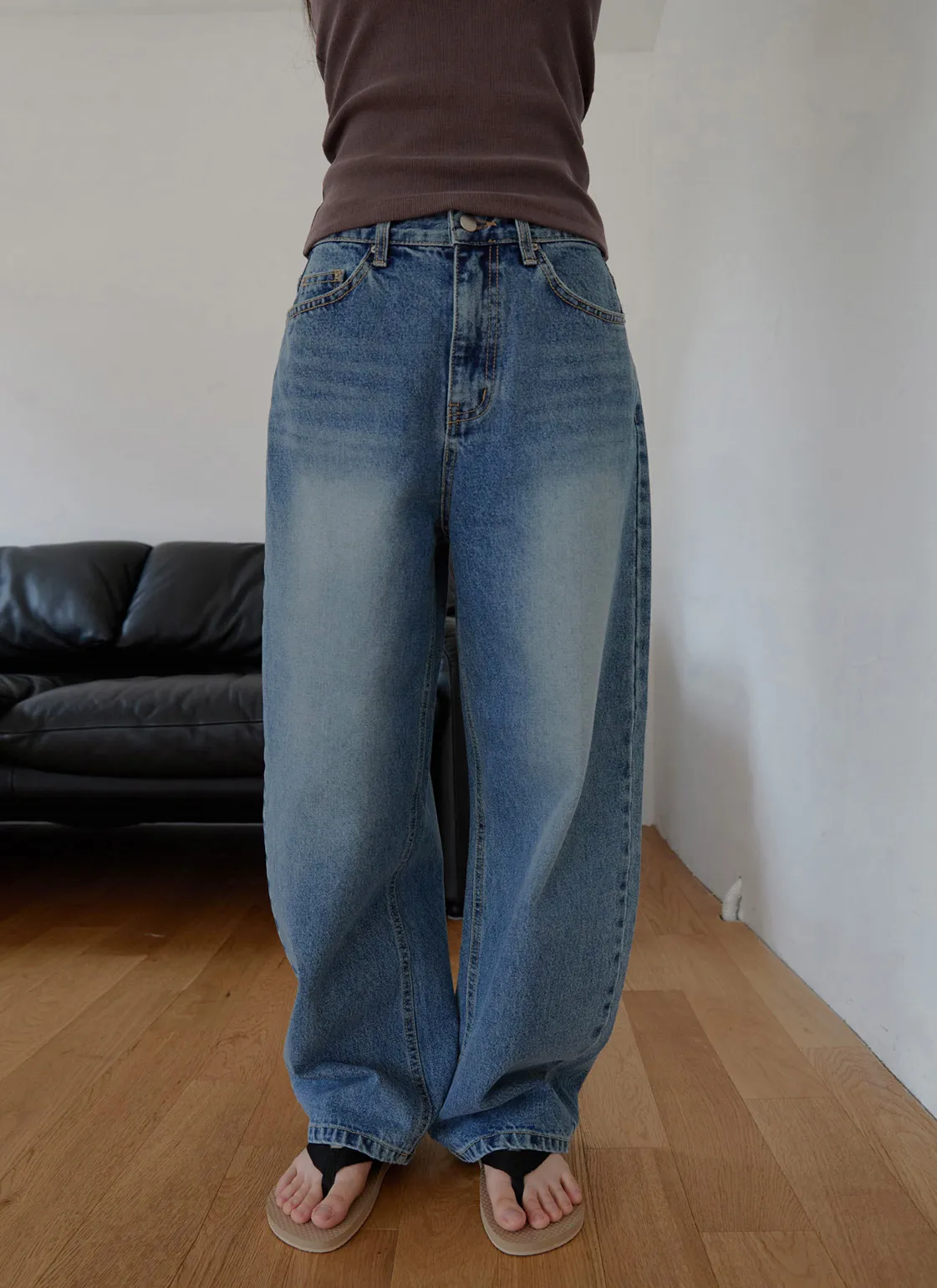 コットンベーシックワイド無地デニムパンツオールシーズン | 詳細画像1