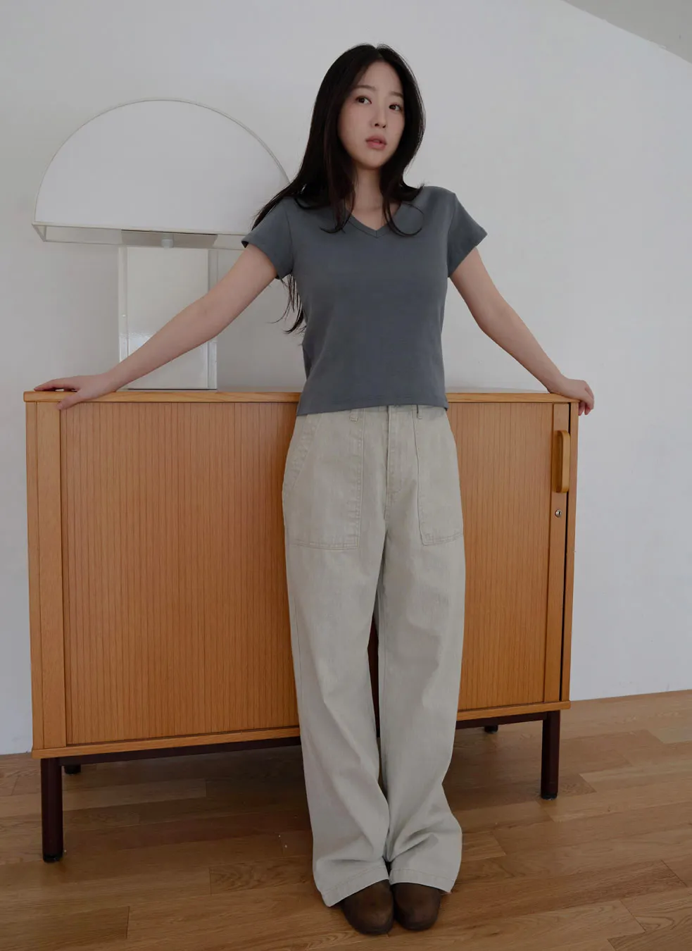 コットンアジャストベーシックワイド無地デニムパンツオールシーズン | 詳細画像1