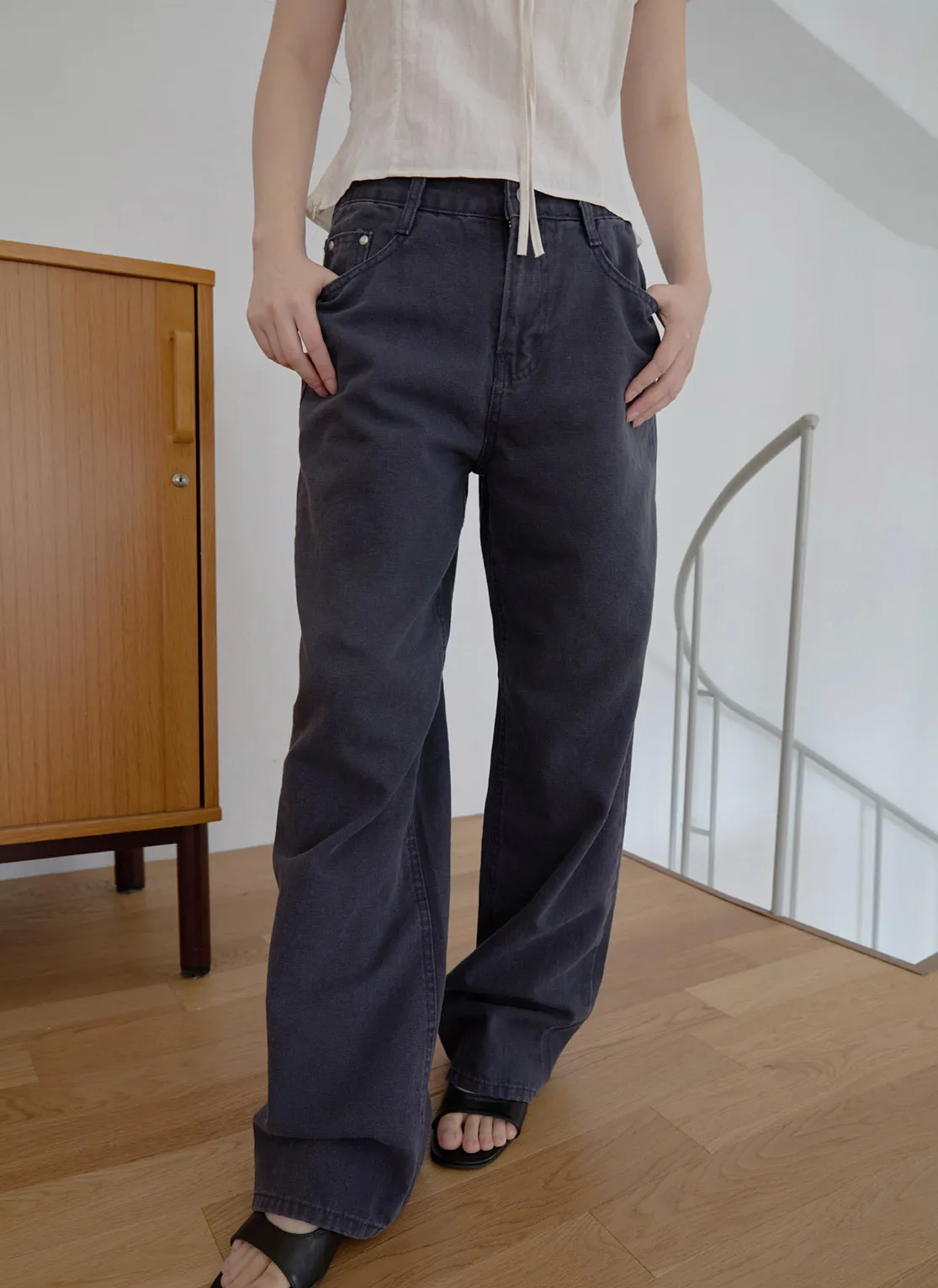 コットンアジャストベーシックワイド無地デニムパンツオールシーズン | 詳細画像1