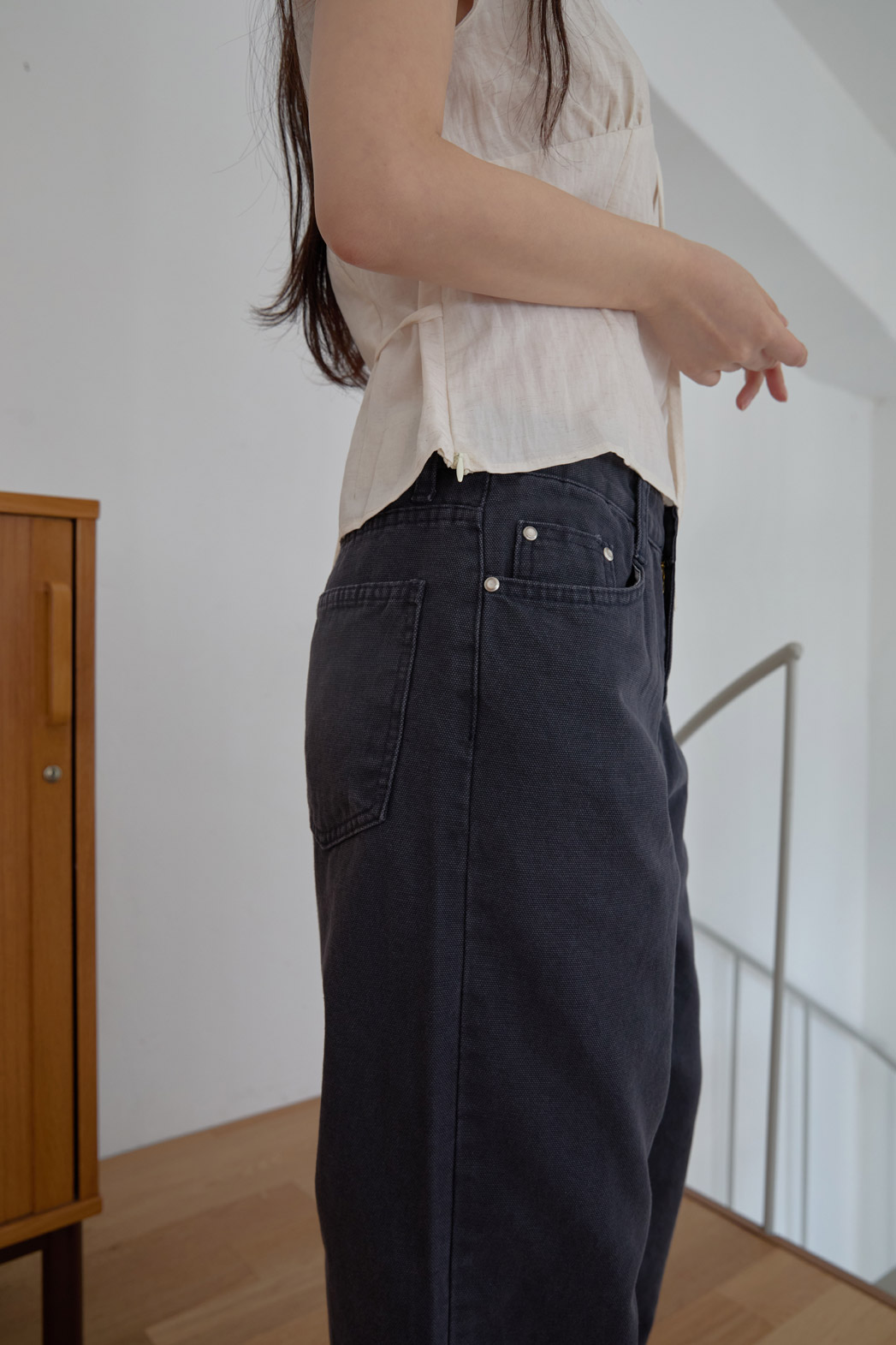 コットンアジャストベーシックワイド無地デニムパンツオールシーズン | 詳細画像4