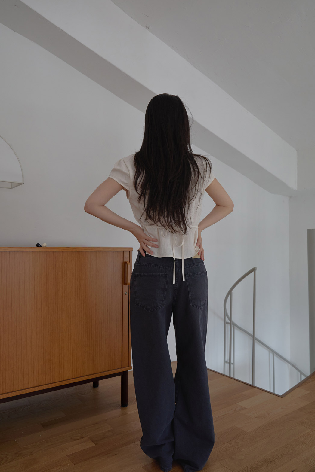 コットンアジャストベーシックワイド無地デニムパンツオールシーズン | 詳細画像3