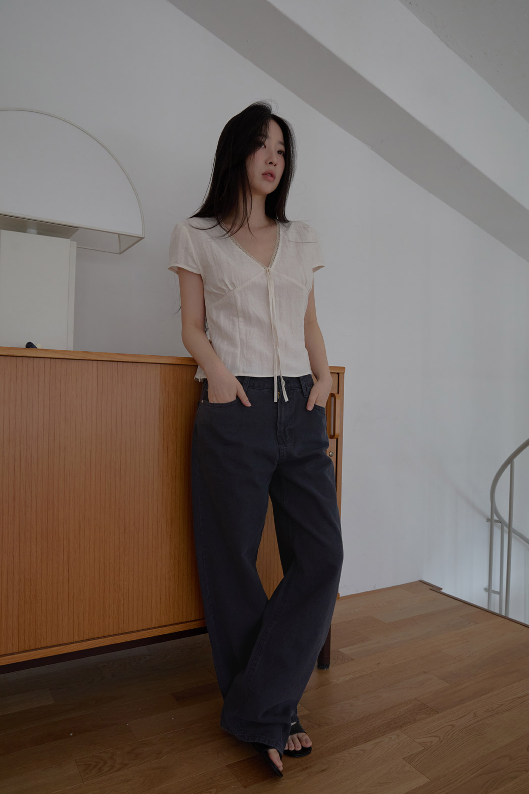 コットンアジャストベーシックワイド無地デニムパンツオールシーズン | 詳細画像11