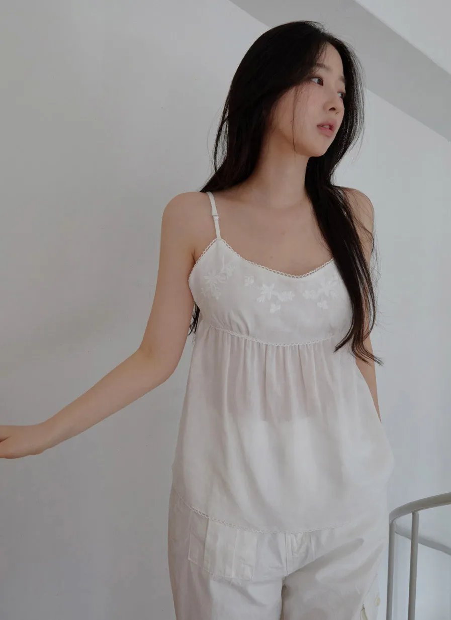 リネン混ラウンドネックドローストリング刺繍セミクロップド刺繍レース無地キャミブラウスSS | 詳細画像1