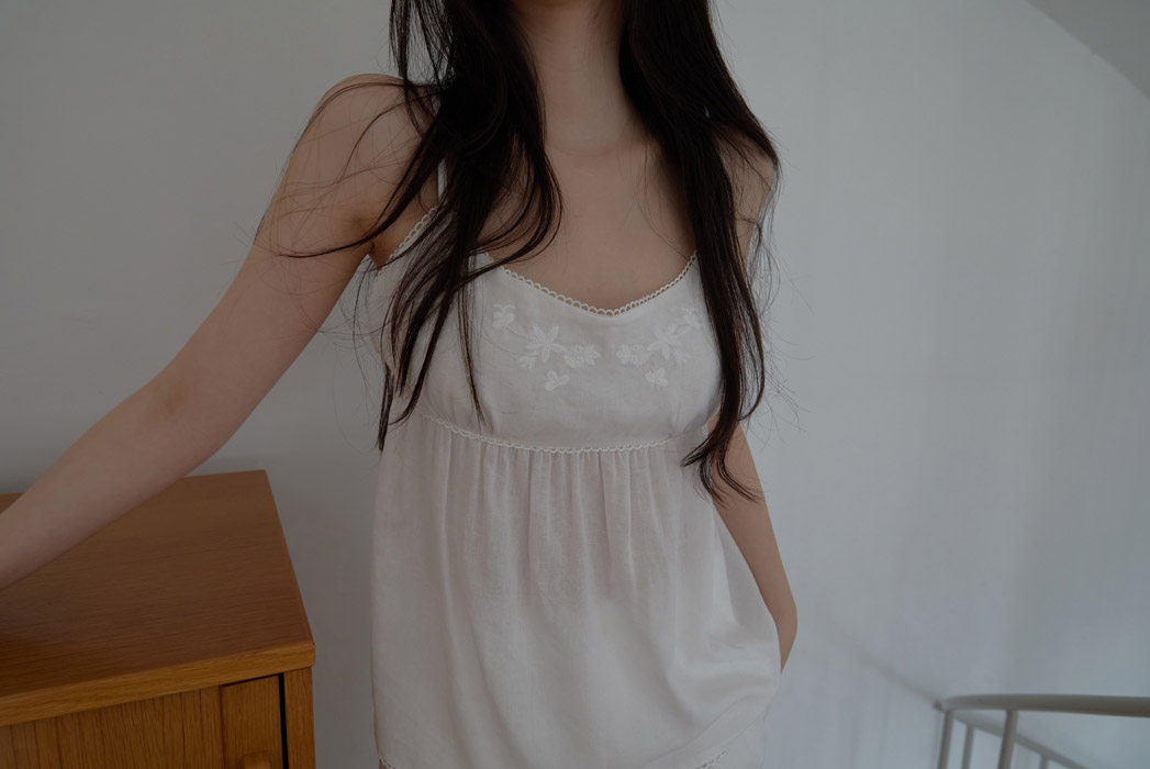 リネン混ラウンドネックドローストリング刺繍セミクロップド刺繍レース無地キャミブラウスSS | 詳細画像11