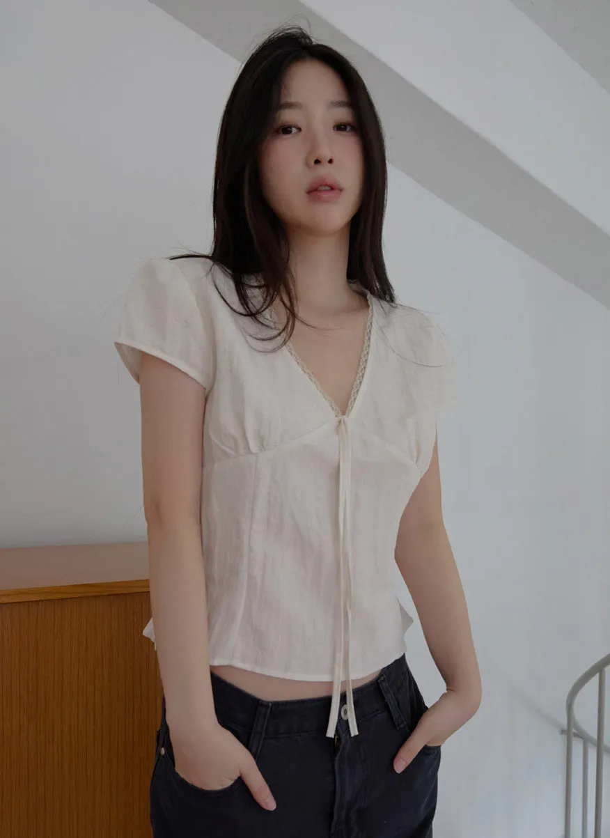 レースシースルーリボン(固定)クロップドレースアップレースブラウスSS | 詳細画像1