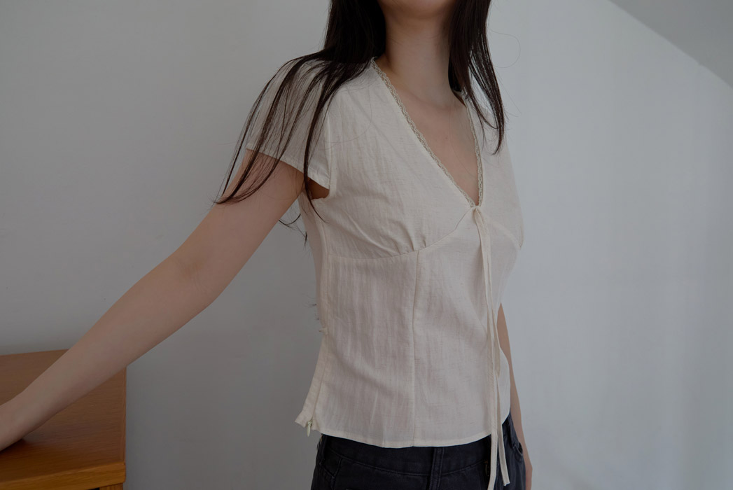 レースシースルーリボン(固定)クロップドレースアップレースブラウスSS | 詳細画像2