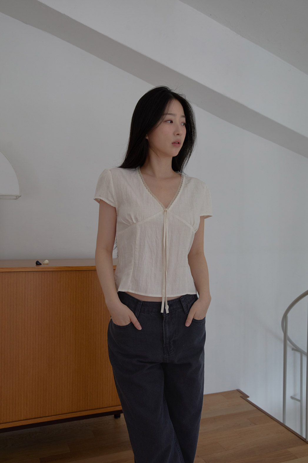 レースシースルーリボン(固定)クロップドレースアップレースブラウスSS | 詳細画像4