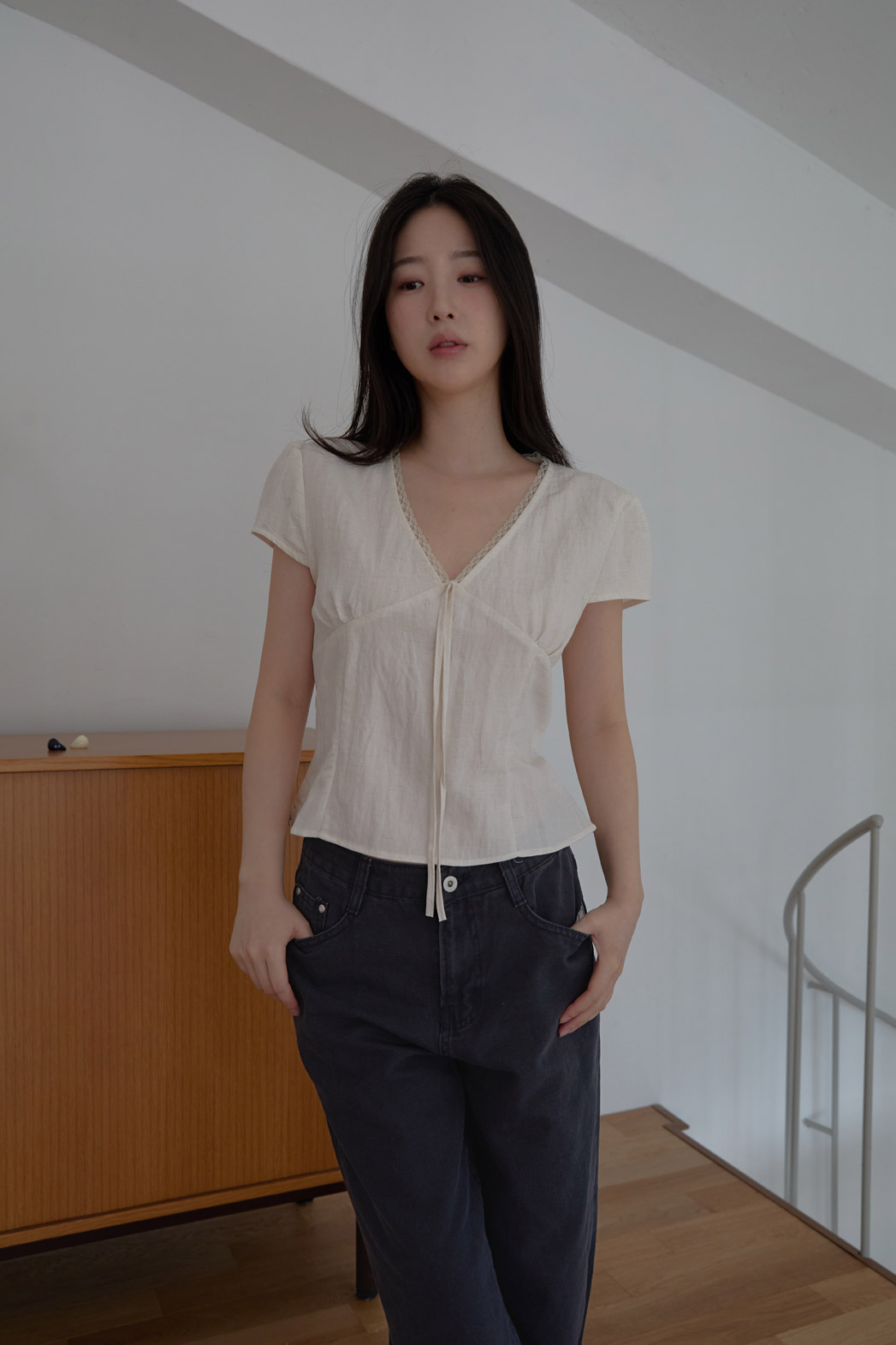 レースシースルーリボン(固定)クロップドレースアップレースブラウスSS | 詳細画像5