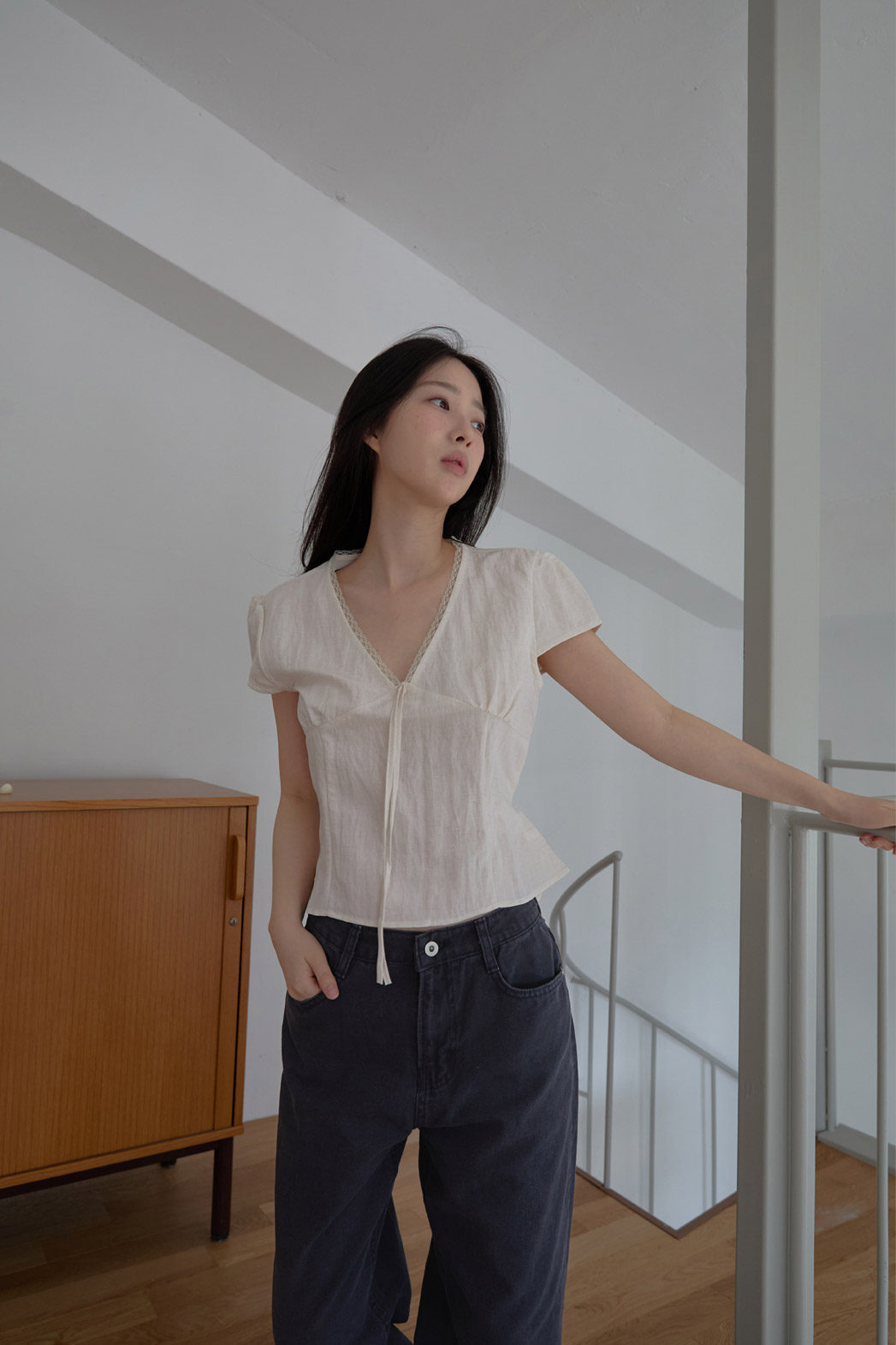 レースシースルーリボン(固定)クロップドレースアップレースブラウスSS | 詳細画像6