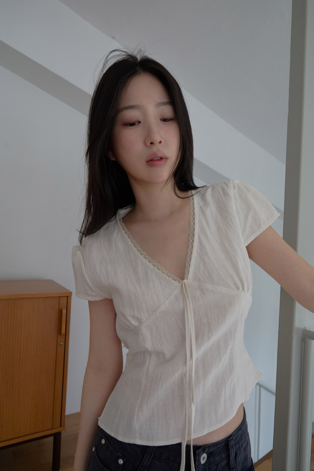 レースシースルーリボン(固定)クロップドレースアップレースブラウスSS | 詳細画像7