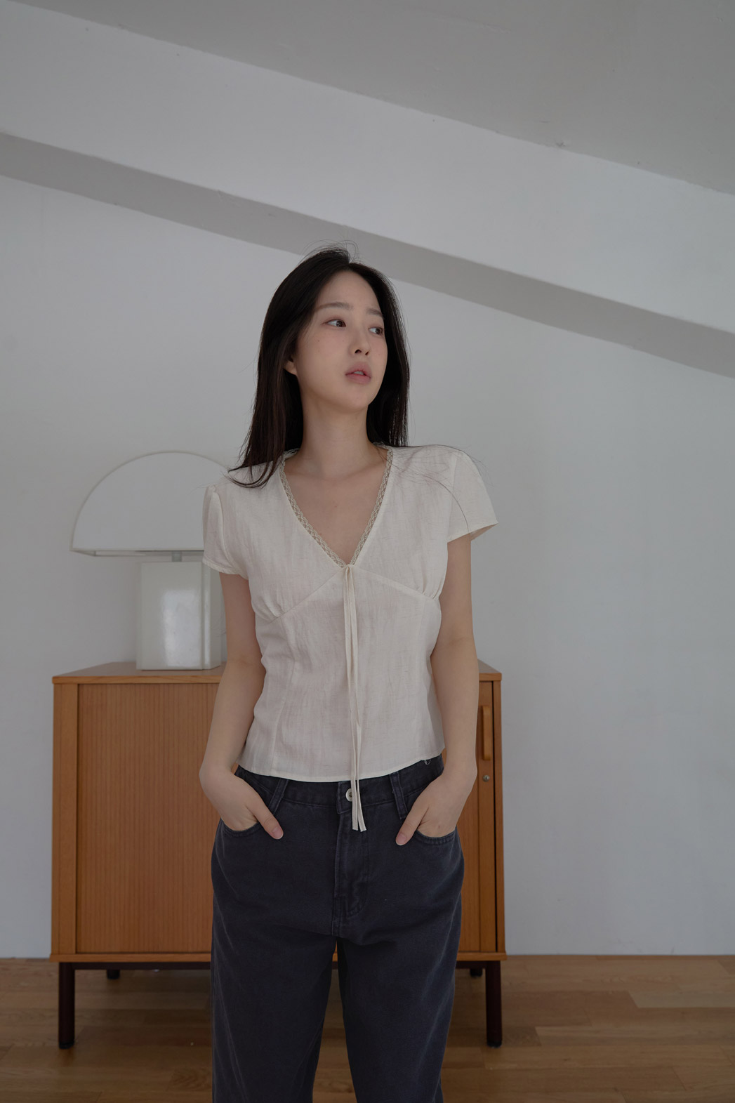 レースシースルーリボン(固定)クロップドレースアップレースブラウスSS | 詳細画像9