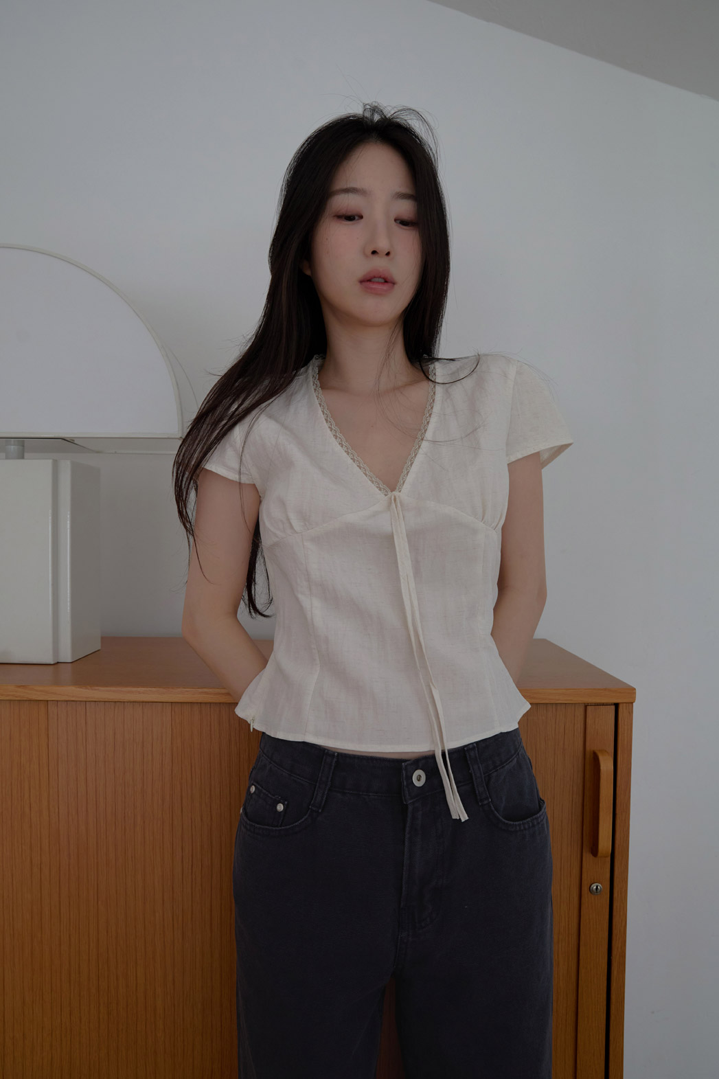 レースシースルーリボン(固定)クロップドレースアップレースブラウスSS | 詳細画像15