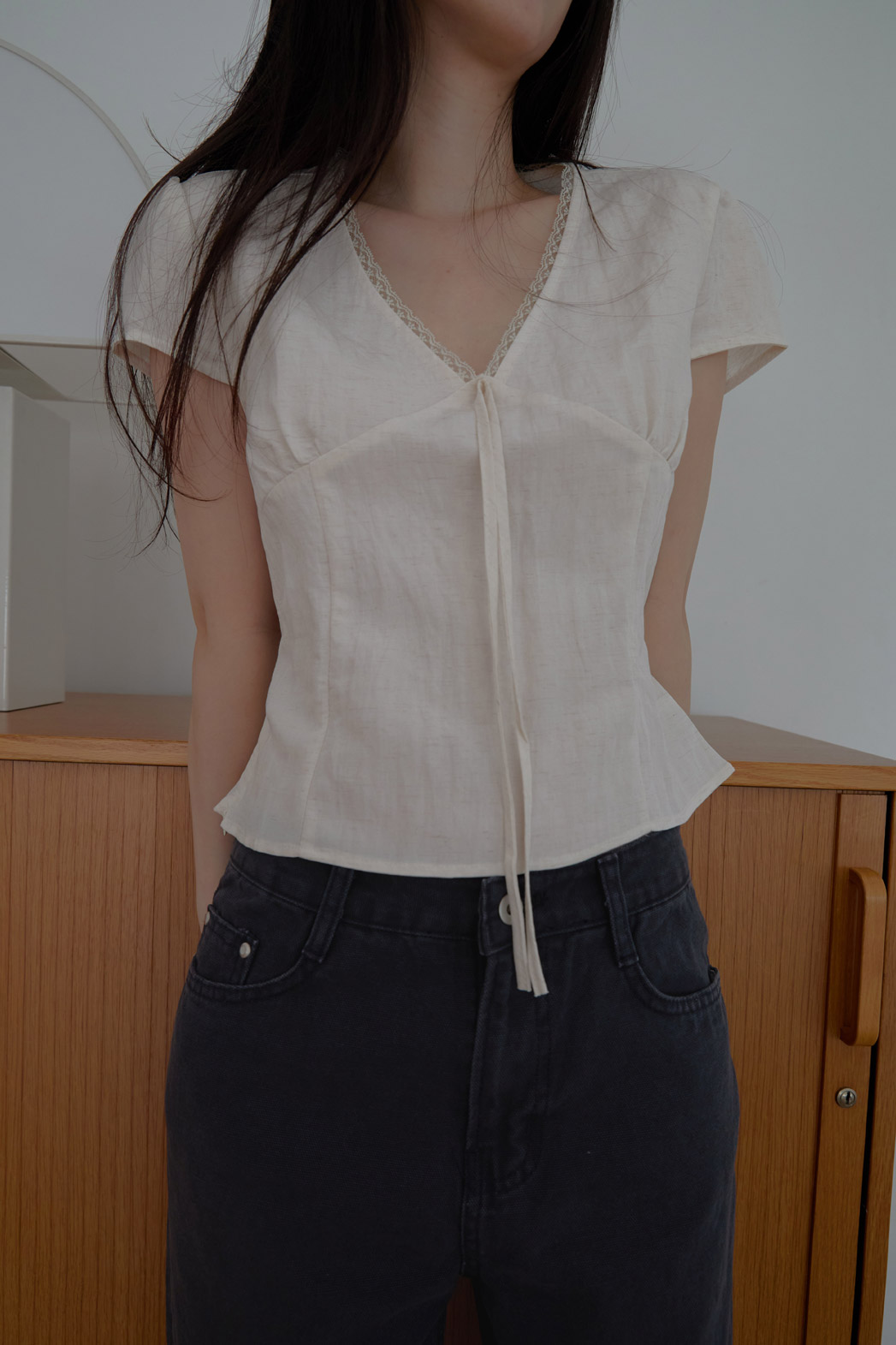 レースシースルーリボン(固定)クロップドレースアップレースブラウスSS | 詳細画像16