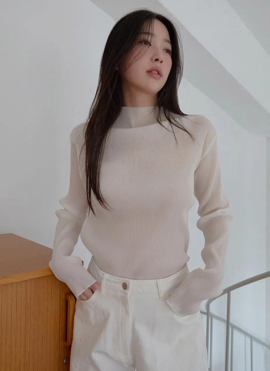 シースルーハイネックプリーツ無地ブラウスSS | 詳細画像1