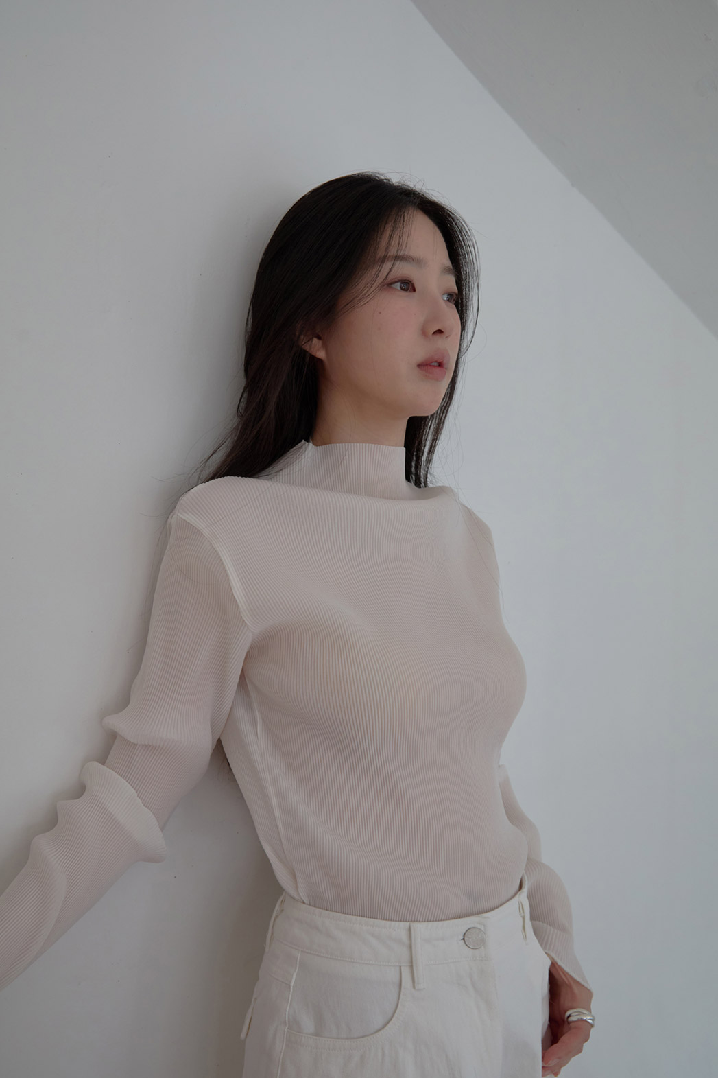 シースルーハイネックプリーツ無地ブラウスSS | 詳細画像12