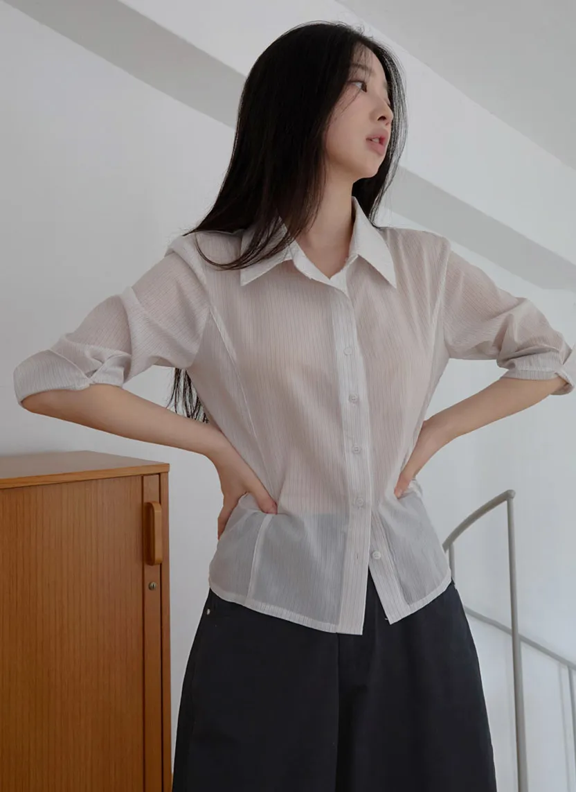 シースルーカラーベーシック7分袖セミクロップドストライプシャツSS | 詳細画像1