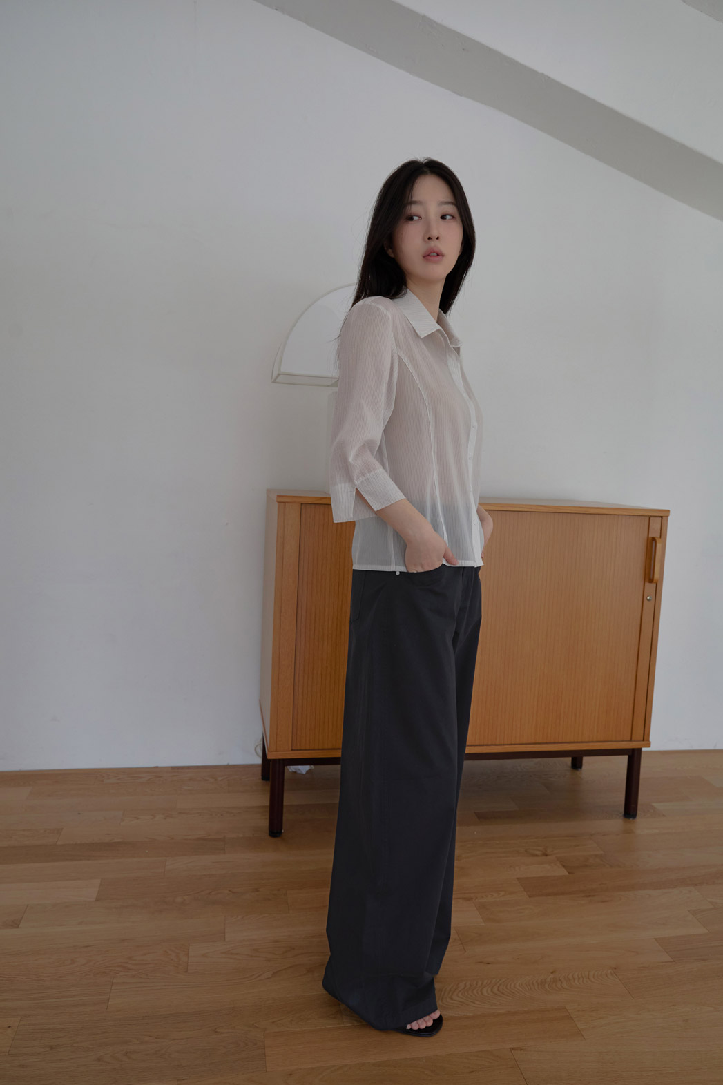 シースルーカラーベーシック7分袖セミクロップドストライプシャツSS | 詳細画像6