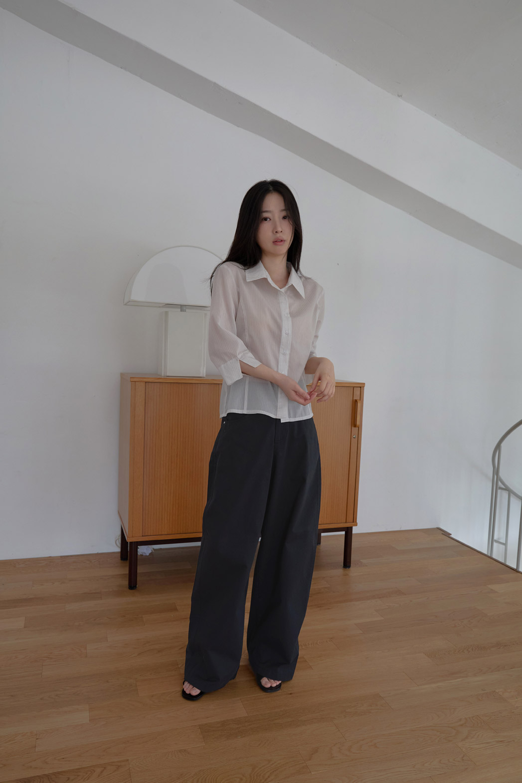 シースルーカラーベーシック7分袖セミクロップドストライプシャツSS | 詳細画像7