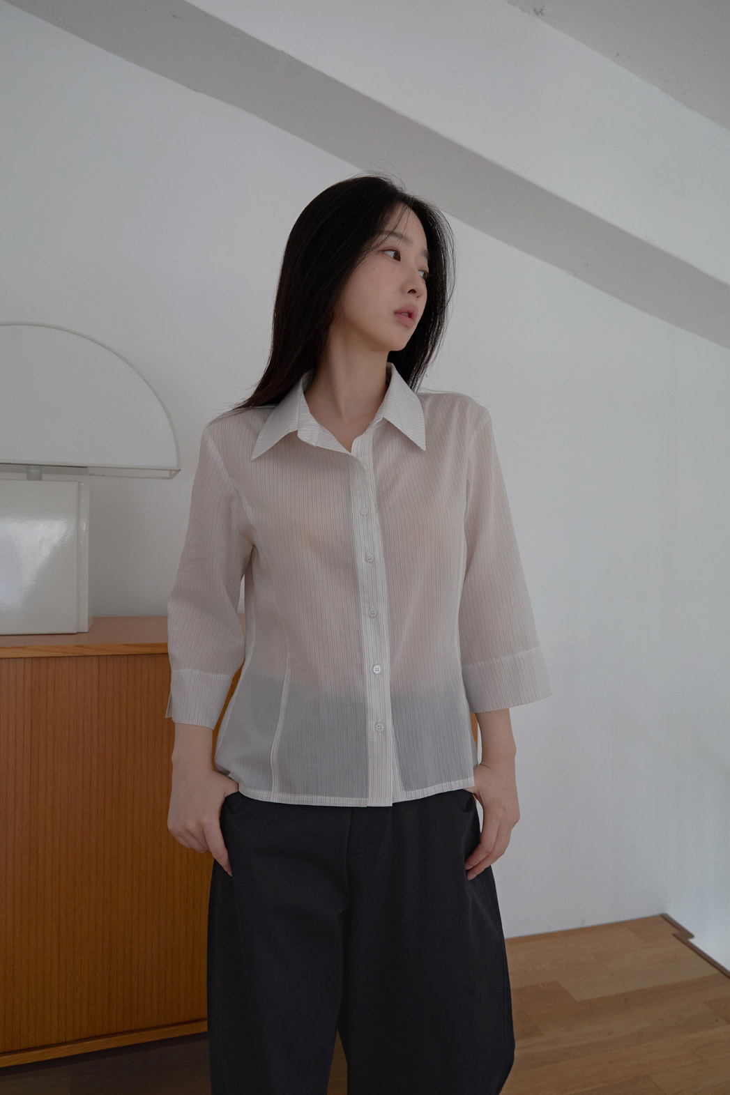 シースルーカラーベーシック7分袖セミクロップドストライプシャツSS | 詳細画像9