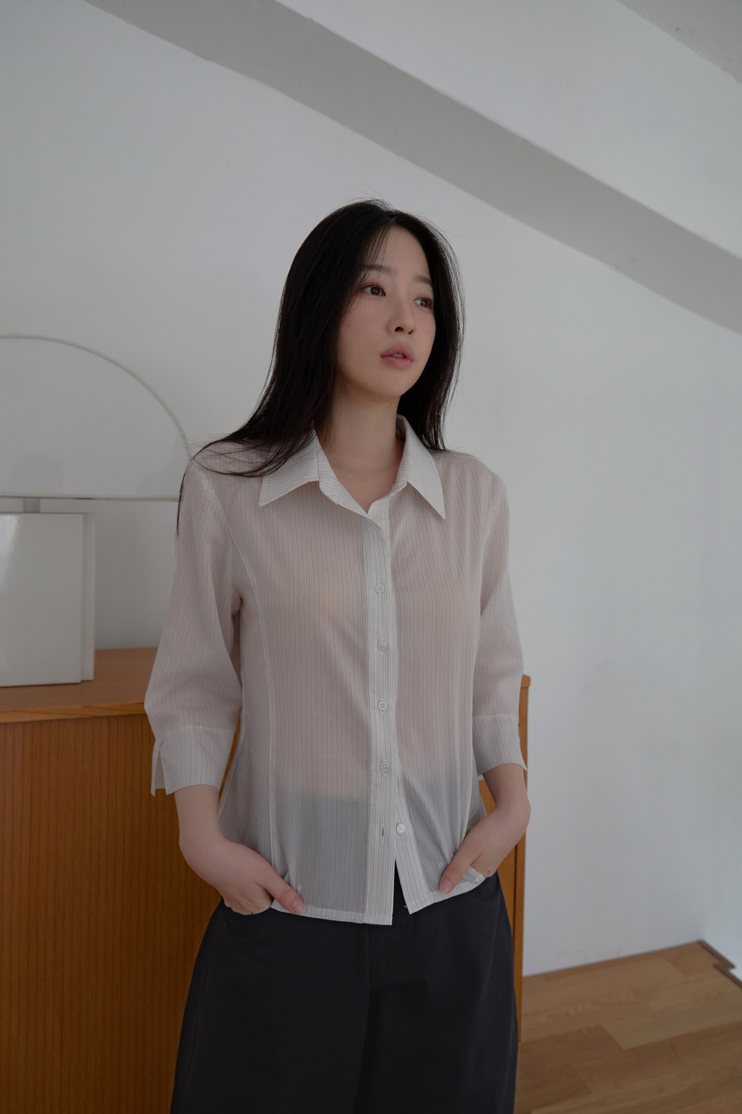 シースルーカラーベーシック7分袖セミクロップドストライプシャツSS | 詳細画像11