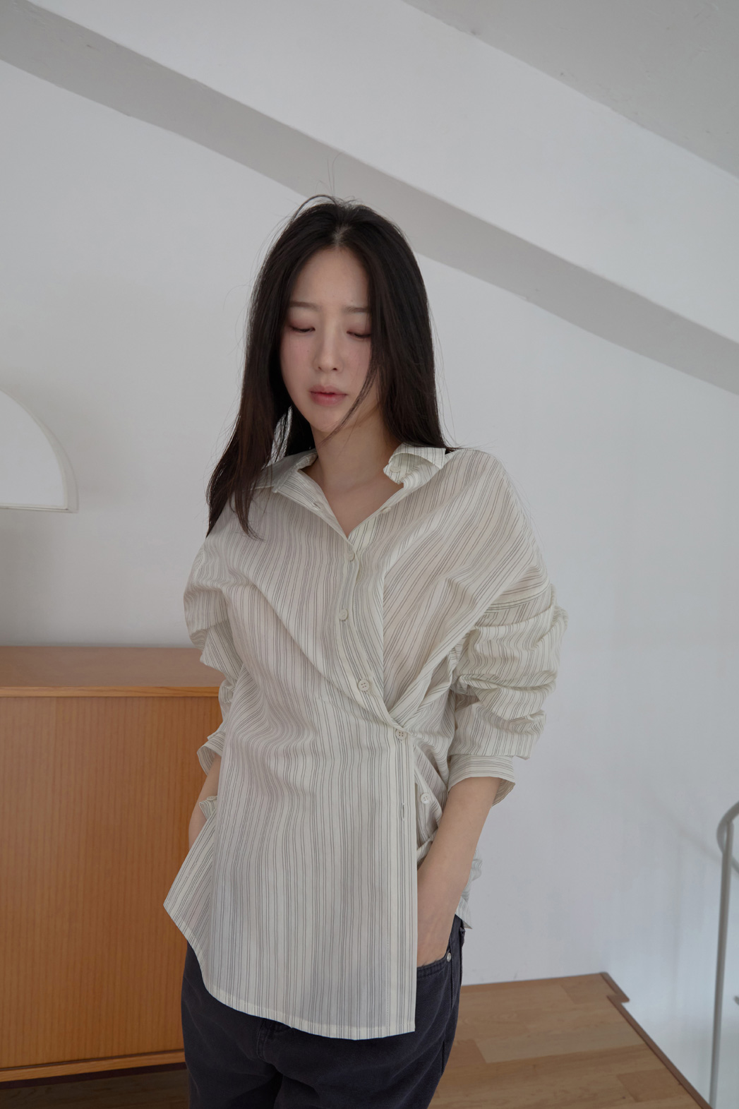 コットンカラーラップベーシックオーバーサイズストライプシャツSS | 詳細画像24