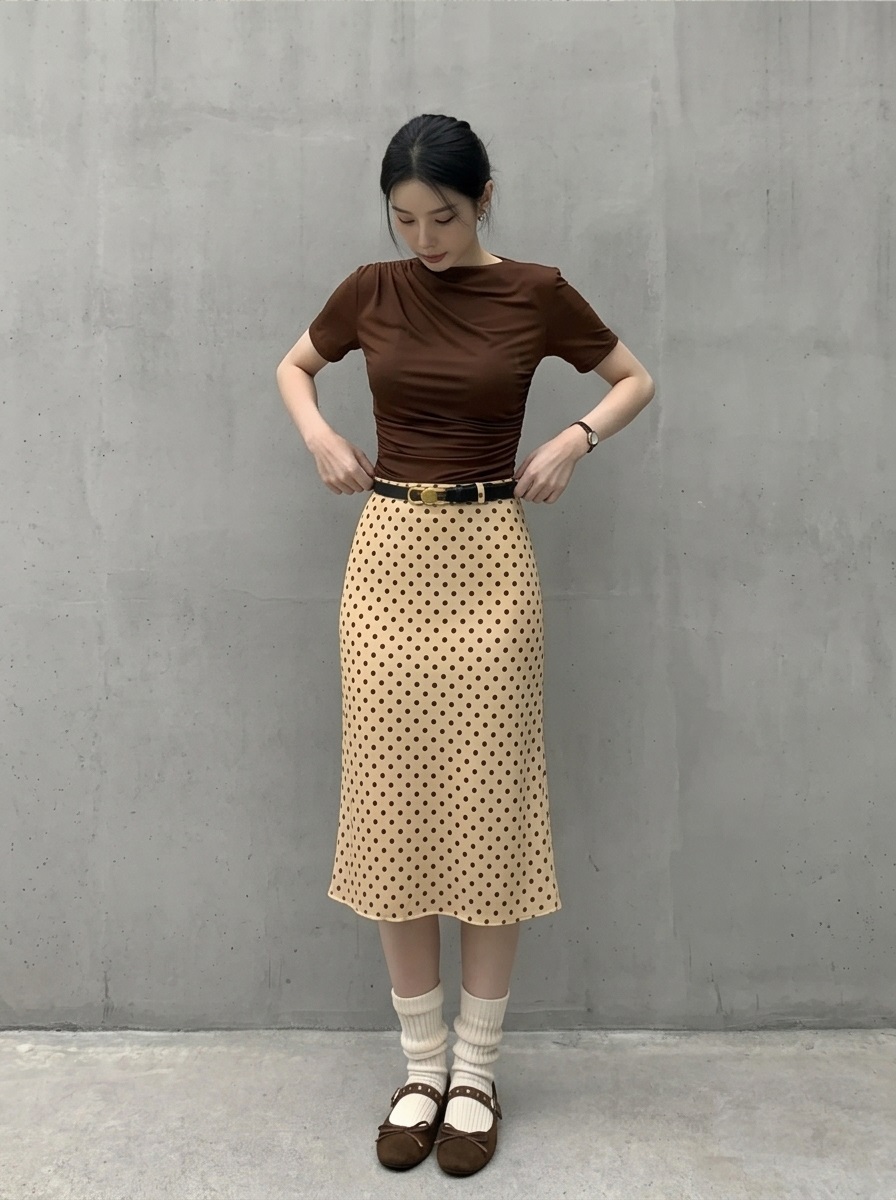 シフォンウエストゴムスリムロングAラインドットスカート | 詳細画像9