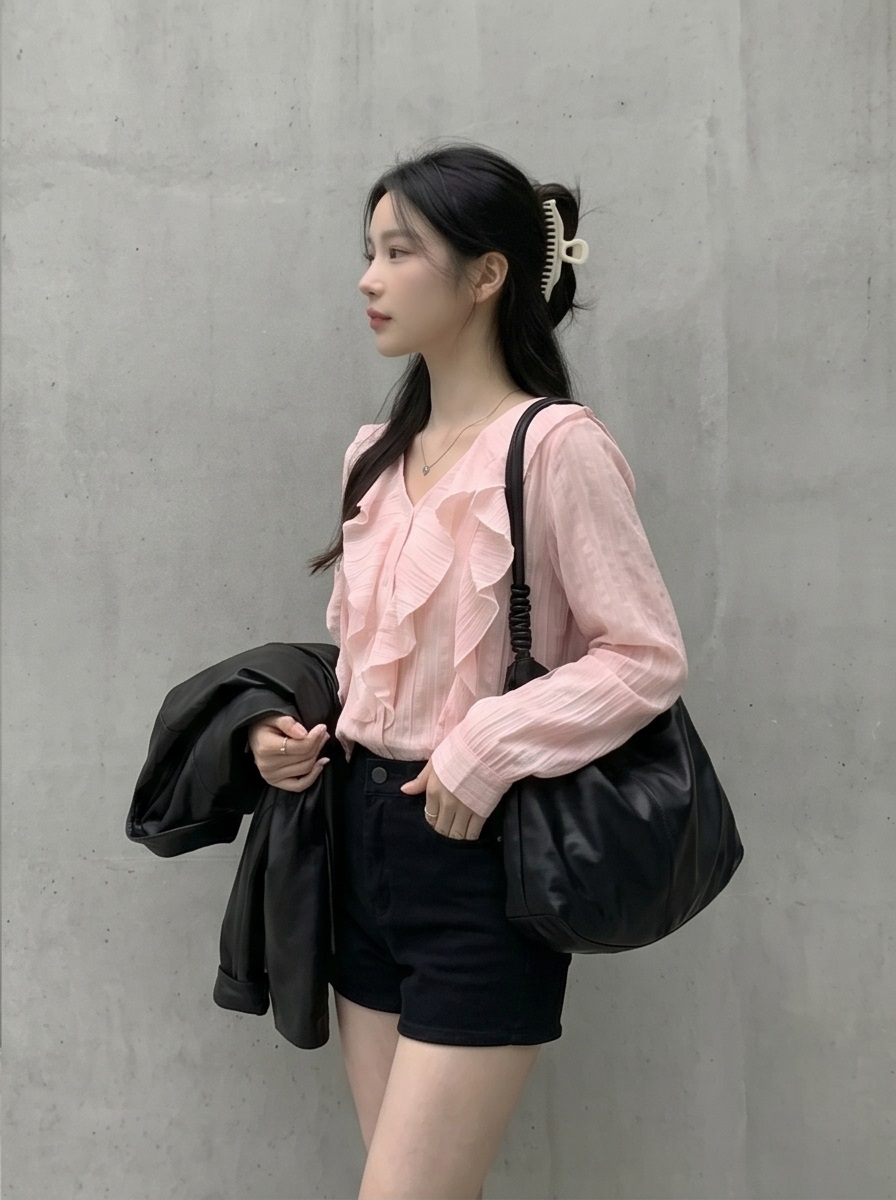 シフォンVネックフリルベーシック長袖ブラウス | 詳細画像3