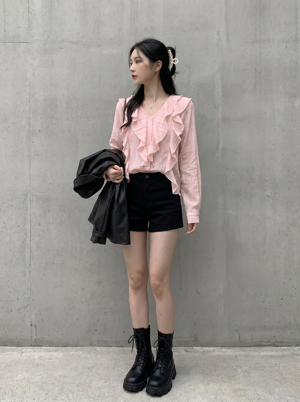 シフォンVネックフリルベーシック長袖ブラウス | 詳細画像7