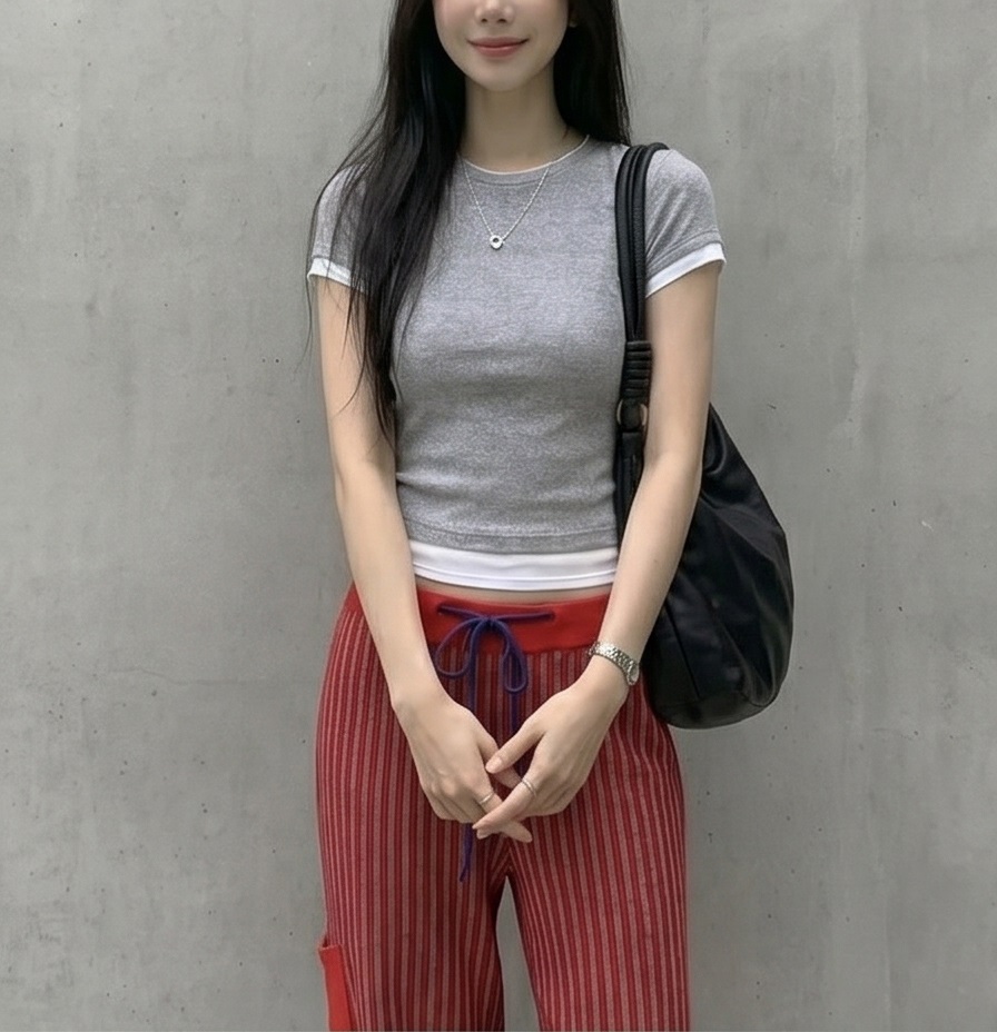 配色ラウンドネックベーシックレイヤード風半袖Tシャツ | 詳細画像8