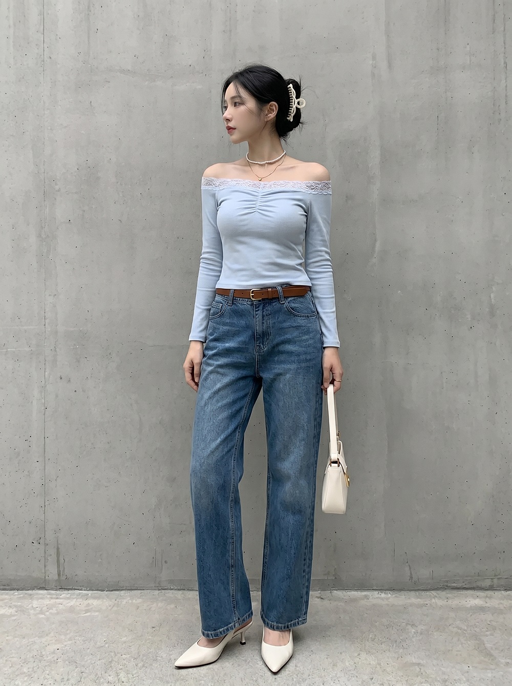 リブオフショルダーベーシック長袖ギャザーTシャツ | 詳細画像2