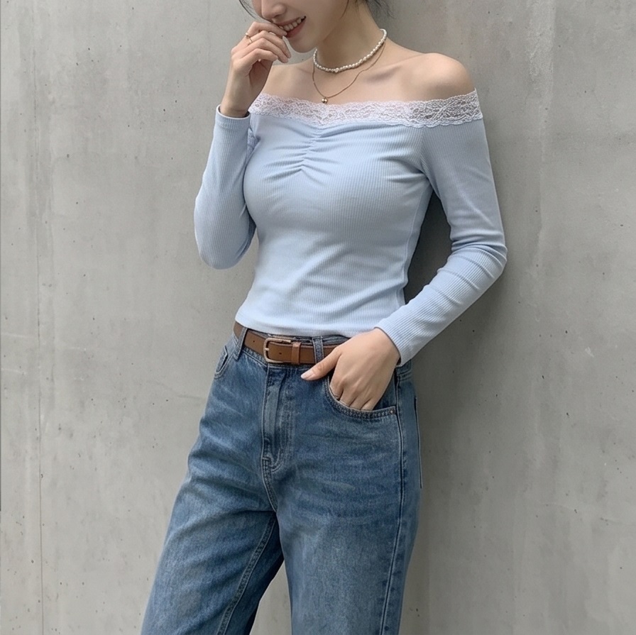 リブオフショルダーベーシック長袖ギャザーTシャツ | 詳細画像4