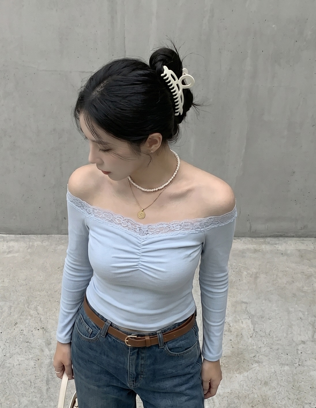 リブオフショルダーベーシック長袖ギャザーTシャツ | 詳細画像5