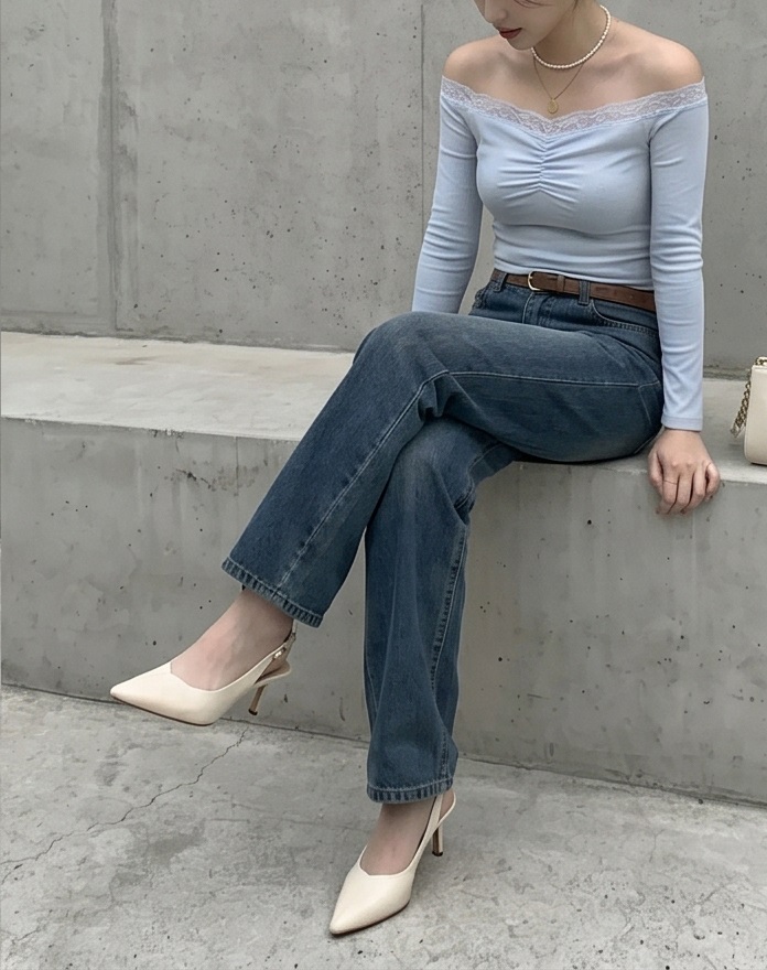 リブオフショルダーベーシック長袖ギャザーTシャツ | 詳細画像7