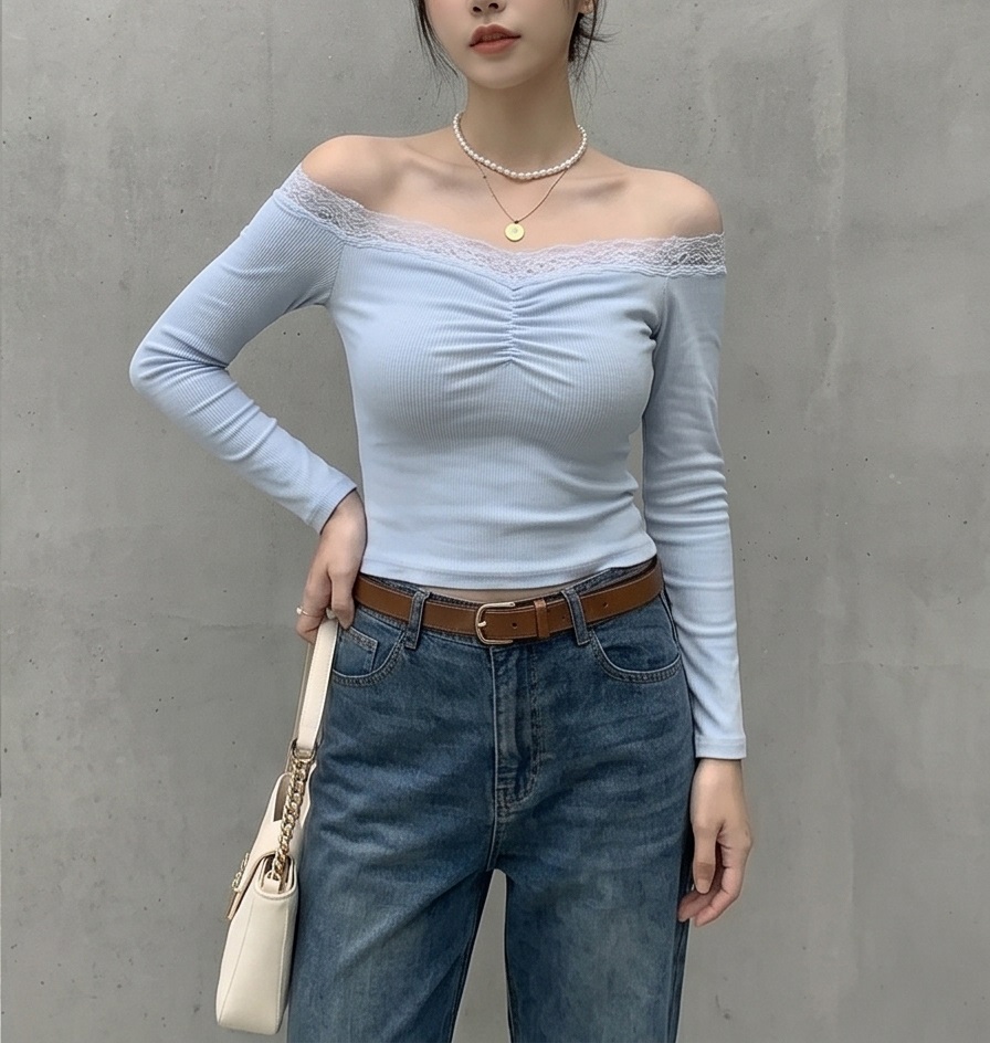 リブオフショルダーベーシック長袖ギャザーTシャツ | 詳細画像9