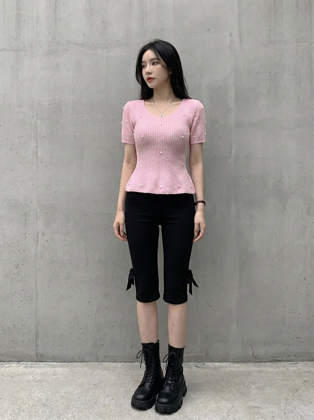 エコパールパール調ボタンペプラムスリム半袖フレアニット | 詳細画像2