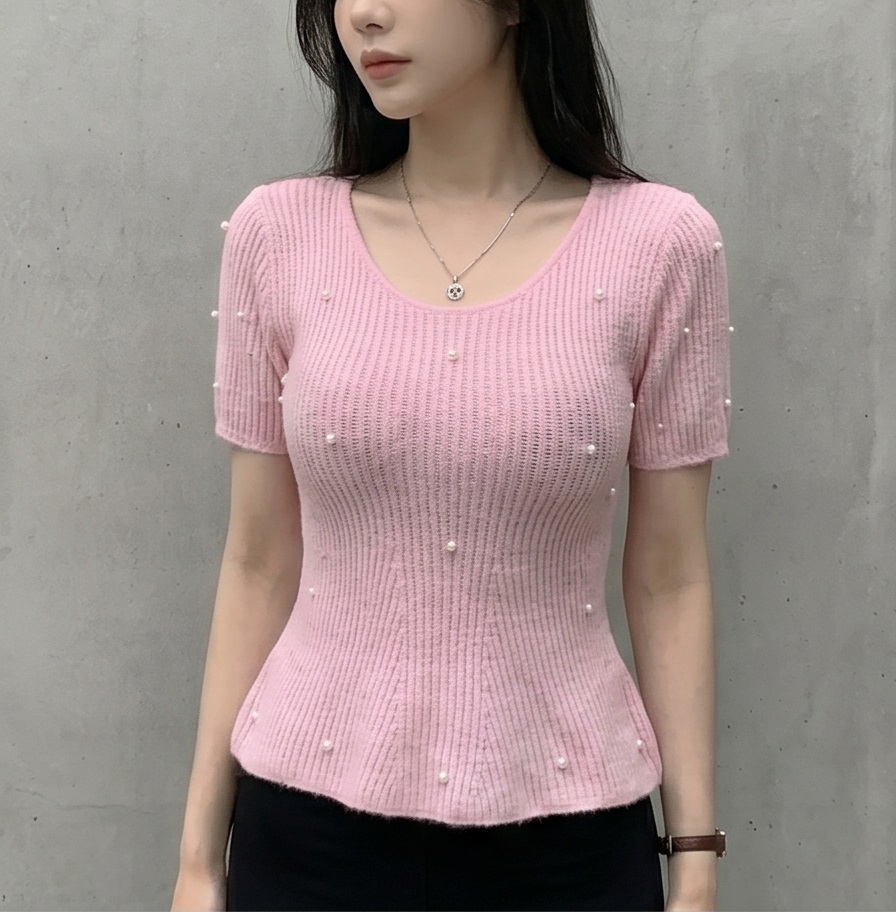 エコパールパール調ボタンペプラムスリム半袖フレアニット | 詳細画像3