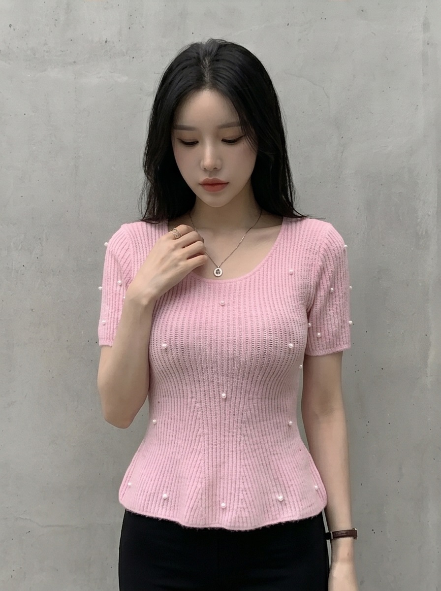 エコパールパール調ボタンペプラムスリム半袖フレアニット | 詳細画像5