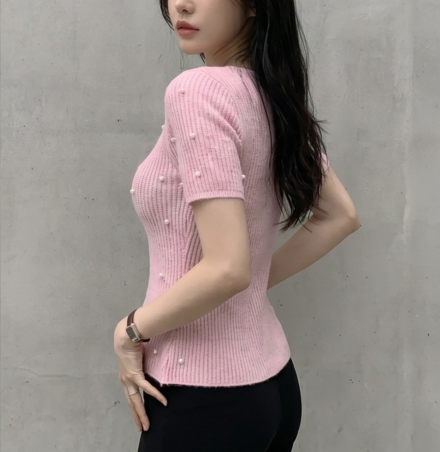 エコパールパール調ボタンペプラムスリム半袖フレアニット | 詳細画像6