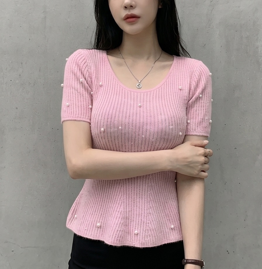 エコパールパール調ボタンペプラムスリム半袖フレアニット | 詳細画像8