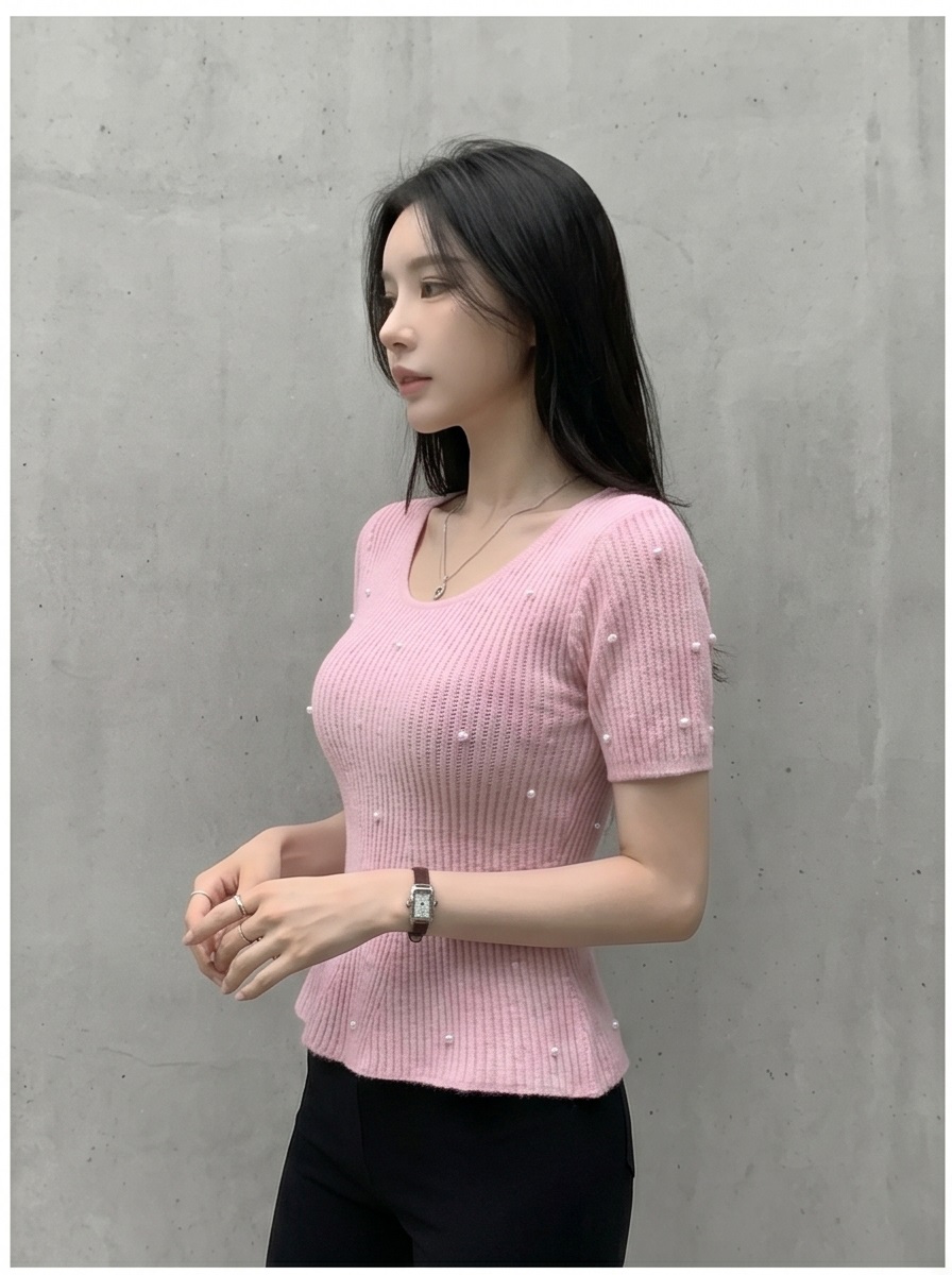 エコパールパール調ボタンペプラムスリム半袖フレアニット | 詳細画像10