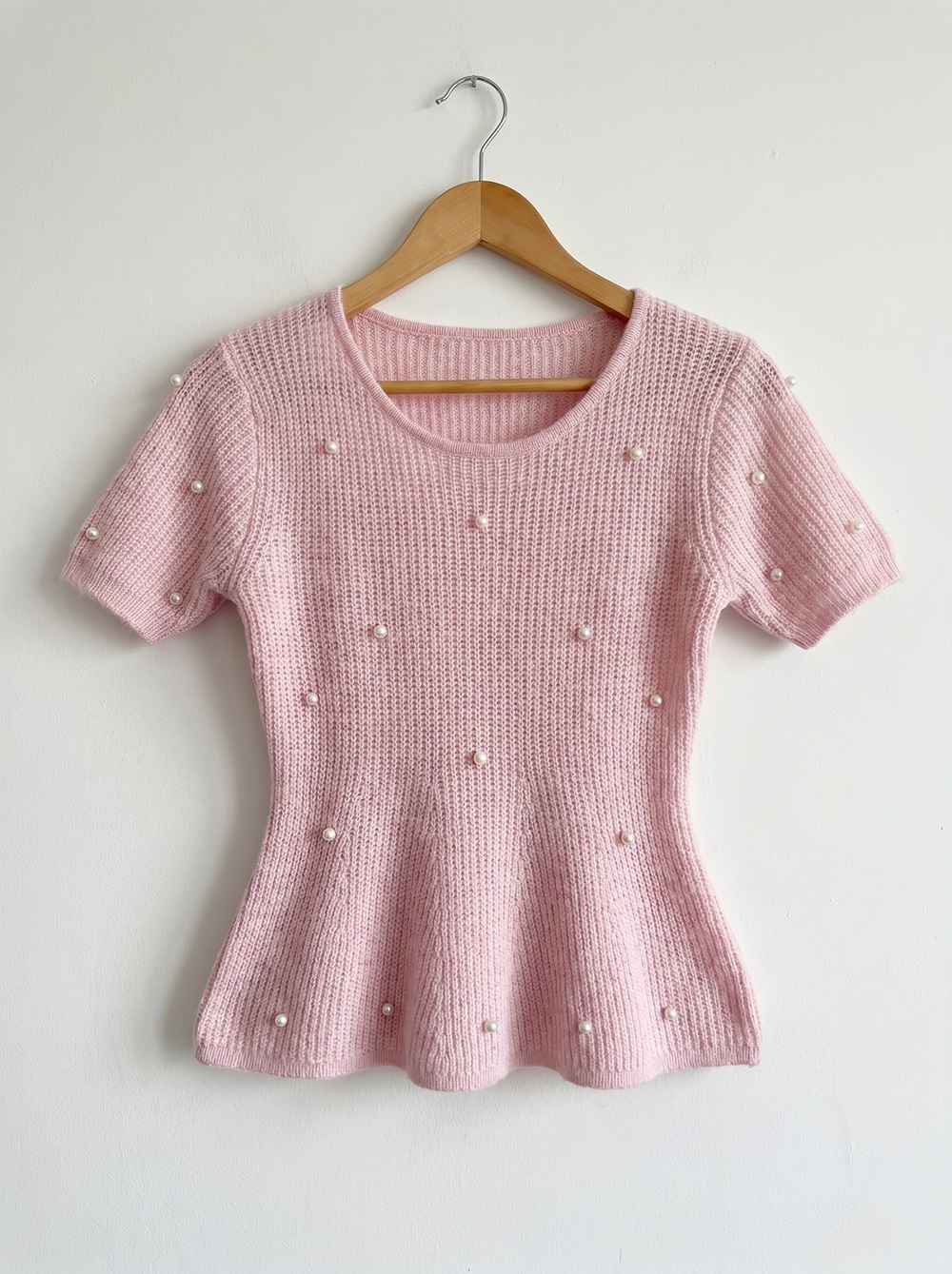 エコパールパール調ボタンペプラムスリム半袖フレアニット | 詳細画像15