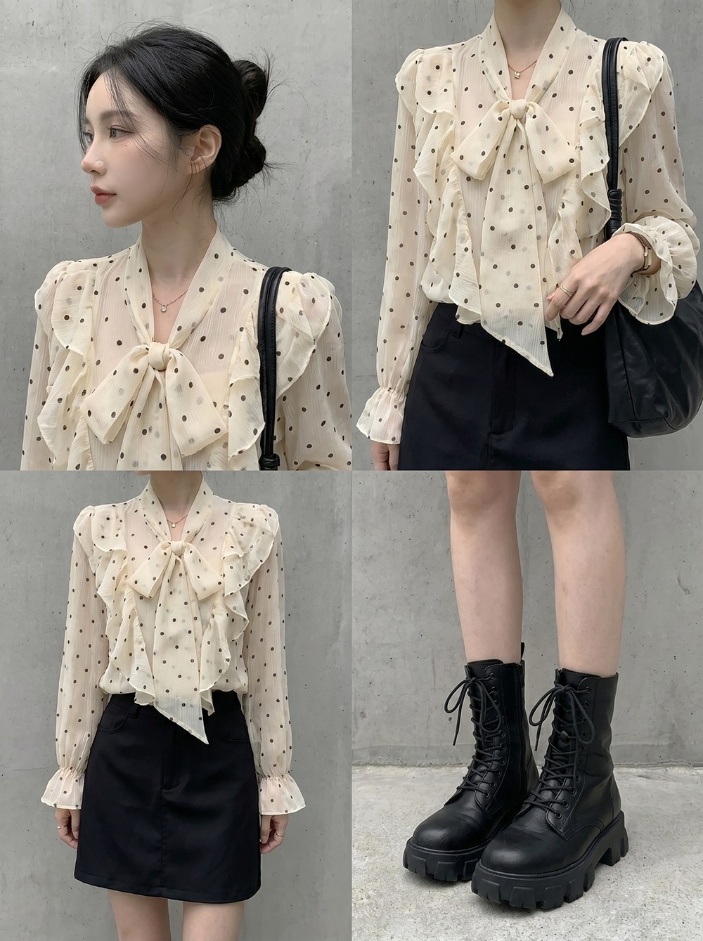 シースルーボウタイフリルベーシック長袖ドットブラウス | 詳細画像2