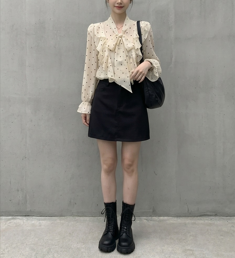 シースルーボウタイフリルベーシック長袖ドットブラウス | 詳細画像4