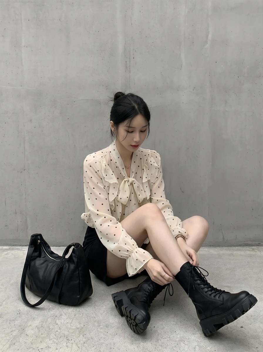 シースルーボウタイフリルベーシック長袖ドットブラウス | 詳細画像5