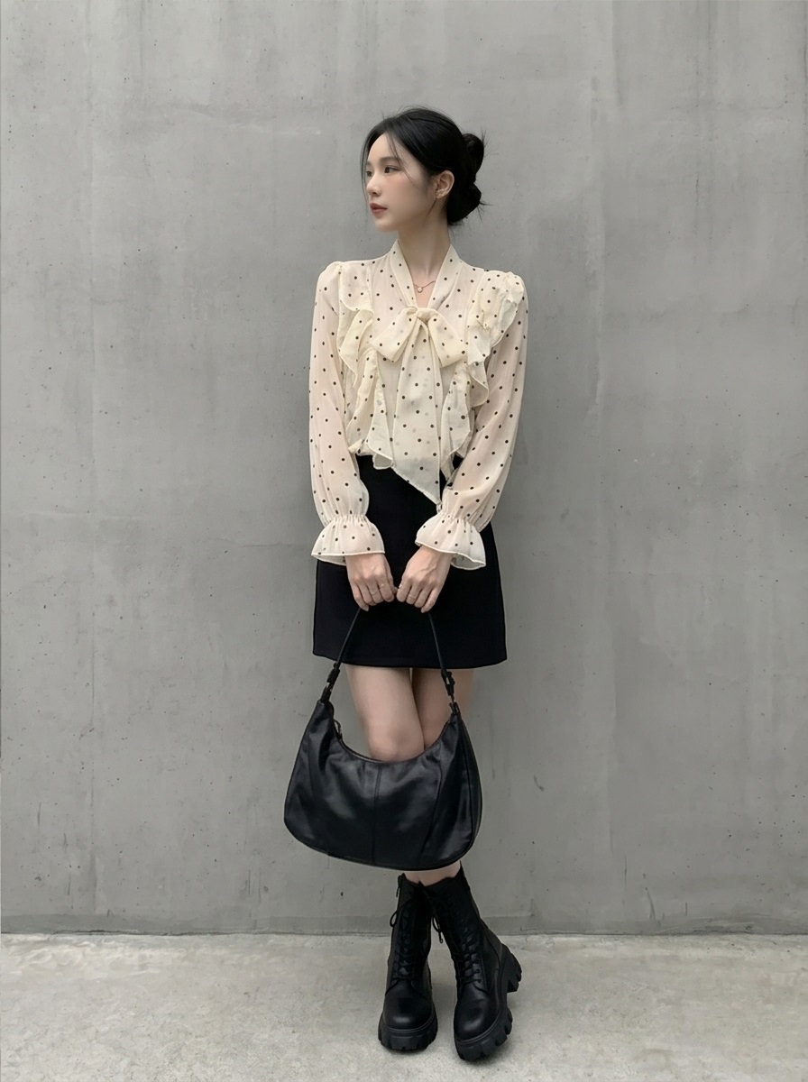 シースルーボウタイフリルベーシック長袖ドットブラウス | 詳細画像6