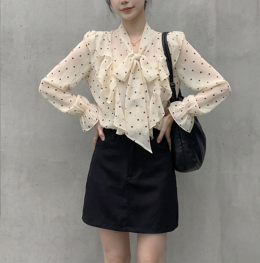 シースルーボウタイフリルベーシック長袖ドットブラウス | 詳細画像7