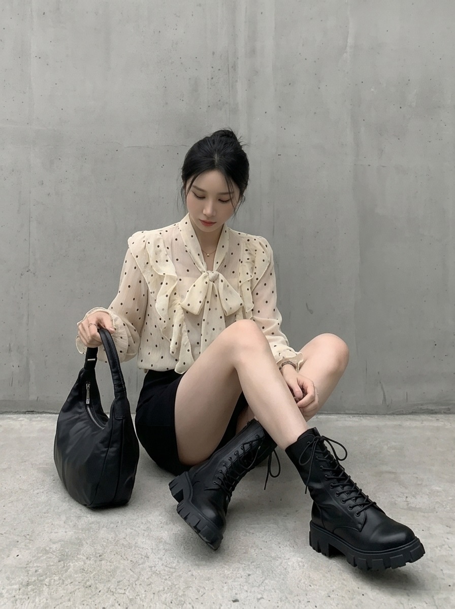 シースルーボウタイフリルベーシック長袖ドットブラウス | 詳細画像8