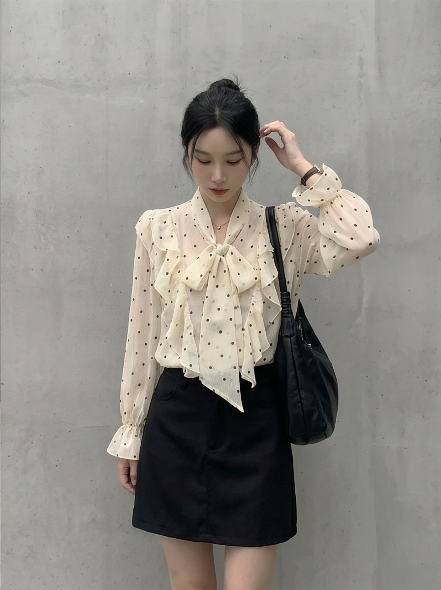 シースルーボウタイフリルベーシック長袖ドットブラウス | 詳細画像9