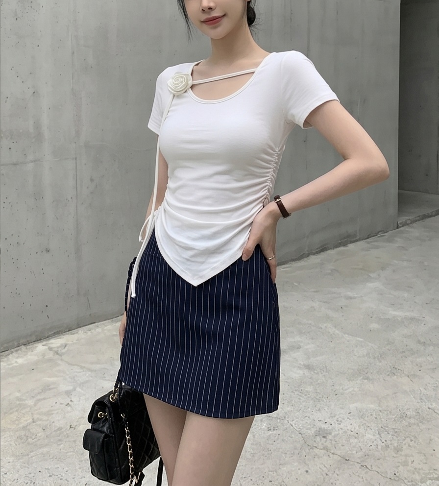 ドレープラウンドネックシャーリングドローストリングスリムアンバランス半袖Tシャツ | 詳細画像4